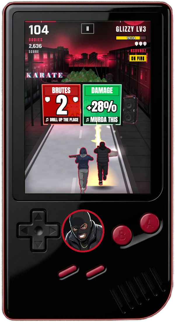 A black and crimson handheld console playing Bodies In Boxes: Savv4x and KsBvndz running at two gates, Savv4x's masked face on the console